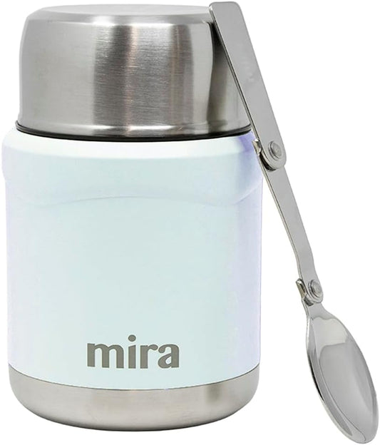 MIRA 15 oz Insulated Food Thermos for hot and cold foods - Leak-Proof Stainless Steel Container with Spoon - Pearl Blue