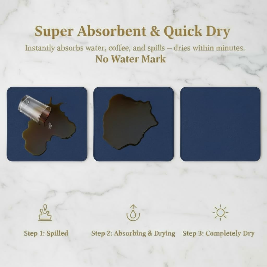 Dish Drying Mat Super Absorbent – 16" x 18" Coffee Mat for Countertops – Non-Slip Drying Mat for Kitchen Counter – Easy to Clean Water Absorbent Mat – Large Dish Drying Mats (Navy Blue)