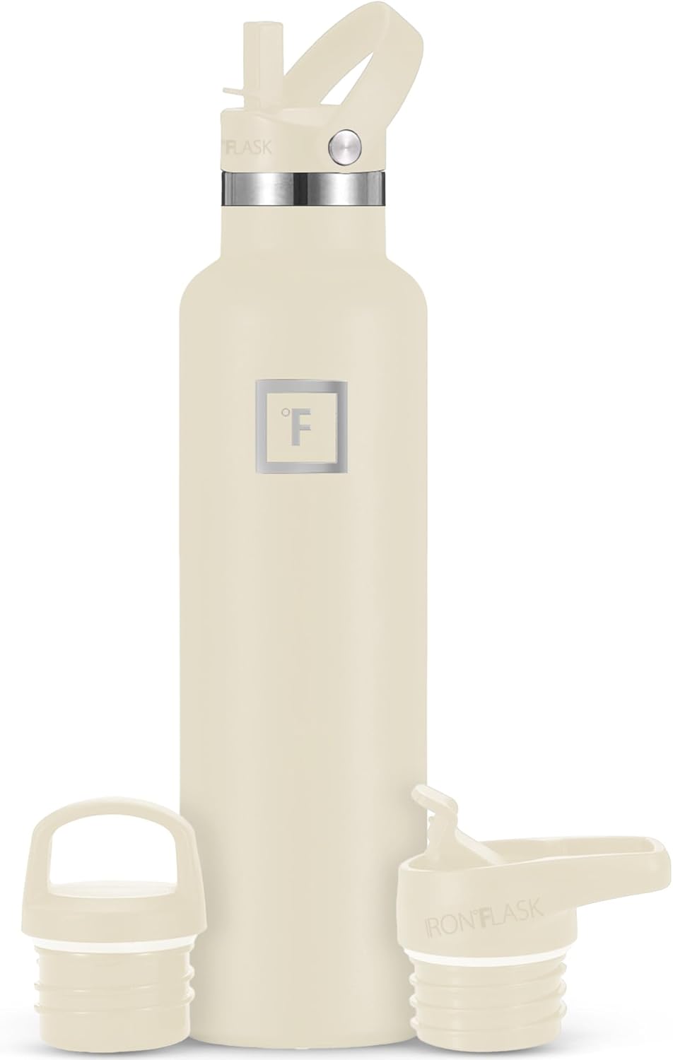 IRON °FLASK Camping & Hiking Hydration Canteens - 3 Lids (Narrow Straw Lid) Leak Proof Vacuum Insulated Stainless Steel - Hot & Cold Double Walled Sports Water Bottle - Cashmere Cream, 24 Oz