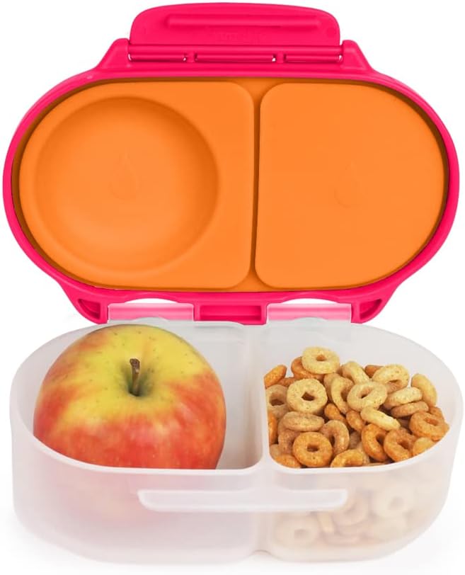 b.box Snack Box for Kids & Toddlers: 2 Compartment Snack Containers, Mini Bento Box, Lunch Box. Leak Proof, BPA free, Dishwasher safe. School Supplies. Ages 4 months+ (Strawberry Shake, 12oz capacity)