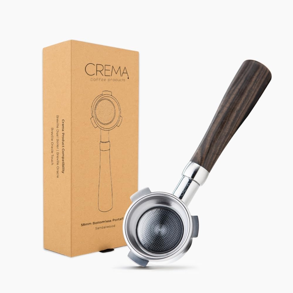 Crema Coffee Products 58mm Bottomless Naked Portafilter | Compatible with 58mm Breville Machines | Includes Double Shot Filter Basket | Sandalwood