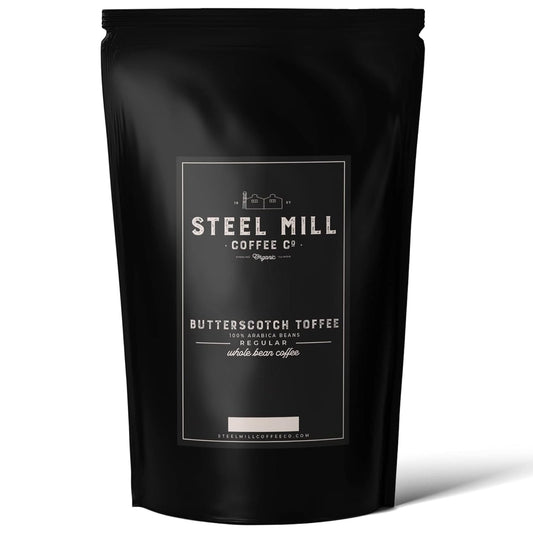 Steel Mill Coffee Co. - Butterscotch Toffee Flavored Coffee - Ground - Regular - Medium Roast - 100% Arabica Beans - Vegan - Gluten-Free - Sugar-Free - 2lb Bag