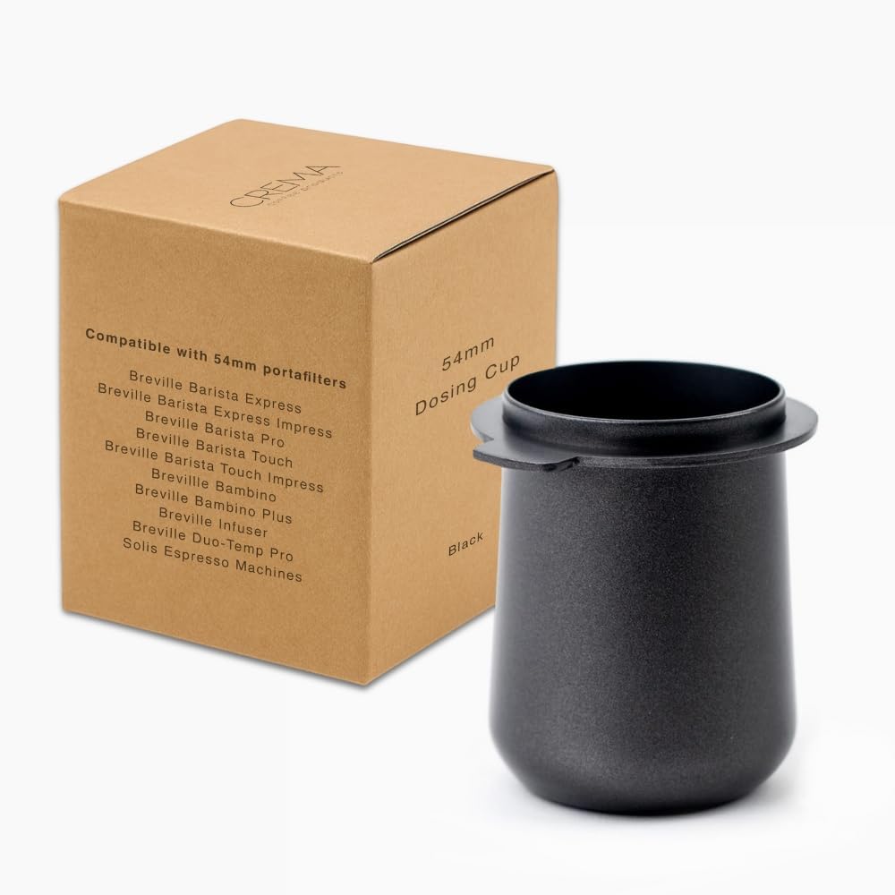 Crema Coffee Products 54mm Dosing Cup | Compatible with Breville Portafilters etc | Durable 100% Stainless Steel | Built-In Grinder Tab for Easy Transfer | Sleek, Mess-Free Design | Black Finish