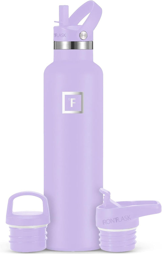 IRON °FLASK Camping & Hiking Hydration Canteens - 3 Lids (Narrow Straw Lid) Leak Proof Vacuum Insulated Stainless Steel - Hot & Cold Double Walled Sports Water Bottle - Lavender, 24 Oz