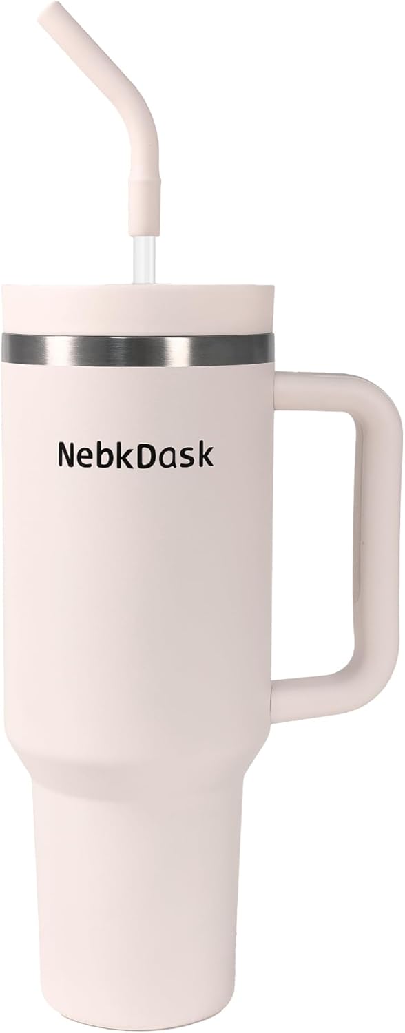 40 oz Water Bottle with Handle & Straw – Insulated Stainless Steel Bottle, Leakproof, Fits in Cup Holder – Reusable Cold Drink Thermos for Women & Men (Pink)