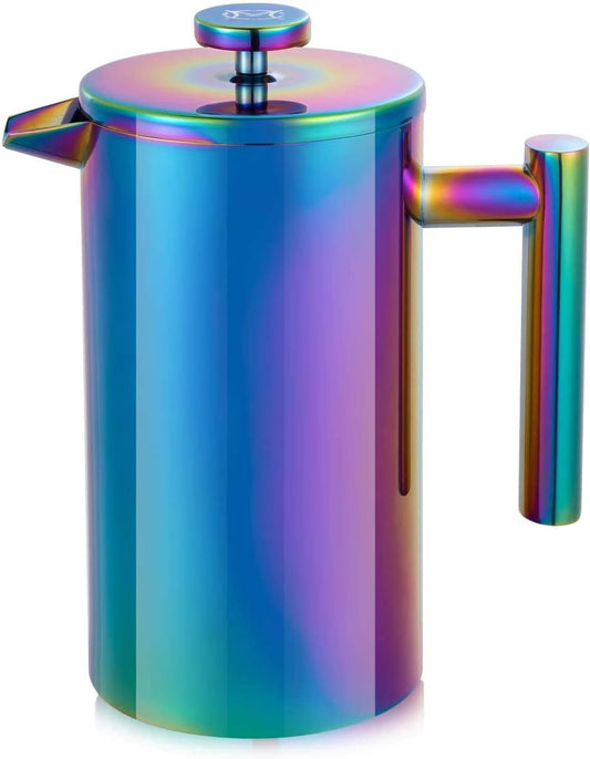 French Press Coffee Maker – 1 or 2 Cups Small Stainless Steel Coffee Maker Double Walled French Press Rainbow 12oz/350ml