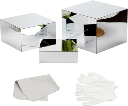 Acrylic Silver Mirror Display Riser, 3 Pcs Glossy Silver Risers for Display Food Display Lifter Nesting Display Risers Hollow Bottom, Acrylic Box Rack Perfume Cosmetics Collection Stand