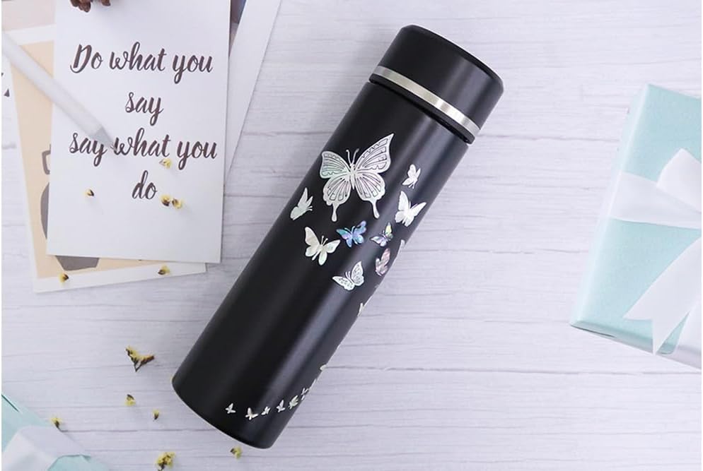 Mother of Pearl Design Stainless Steel Water Bottle with Tea Infuser Strainer 17 oz Leakproof Screw Cap Wide Mouth Double Wall Vacuum Insulated Travel Sport Water Flask Thermo Mug (Butterfly Black)