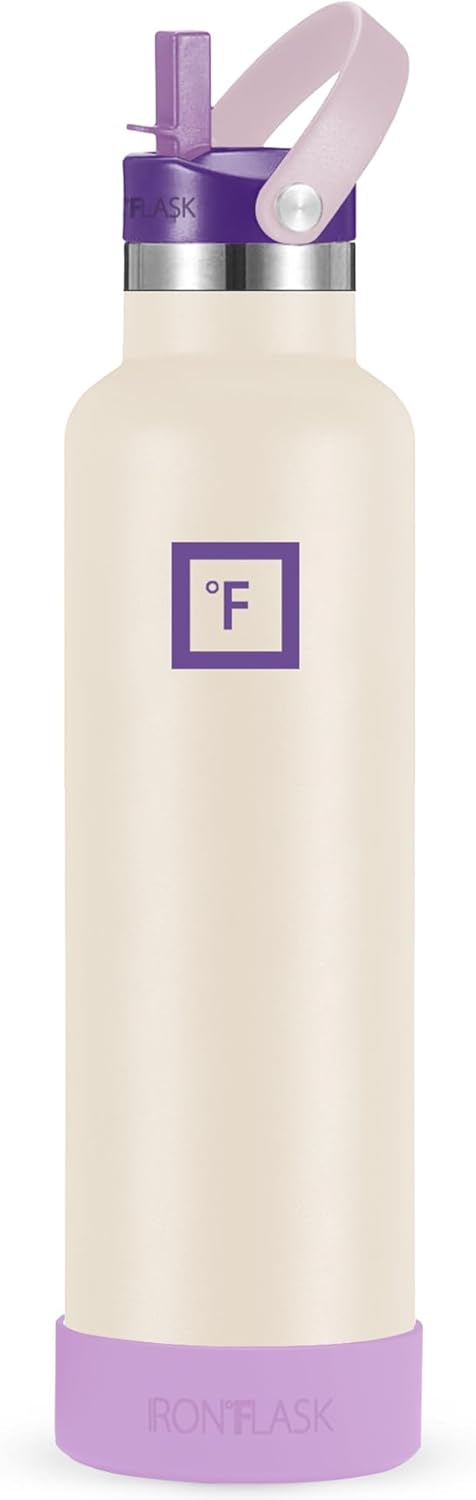 IRON °FLASK Camping & Hiking Hydration Canteens - Narrow Straw Lid & Boot - Leak Proof Vacuum Insulated Stainless Steel - Hot & Cold Double Walled Sports Water Bottle - Cream & Berries, 24 Oz