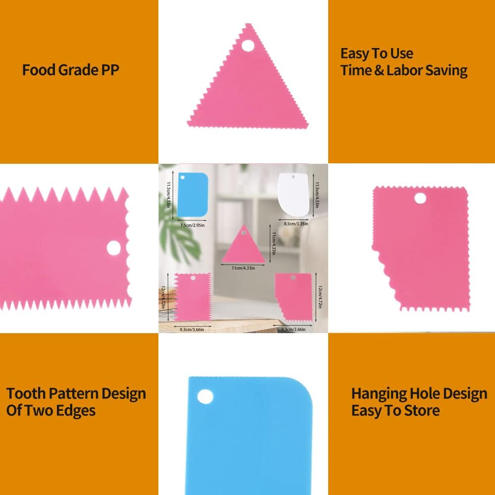 Cake Smoother Scraper Dough Scraper Tools Set,Cake Icing Scraper Smoother,Reusable Bread Cream Pizza Cutter,Flexible Plastic Pastry Cutter,For Baking Cake Edge Stripe Decorating Comb(5Pcs,Multicolor)