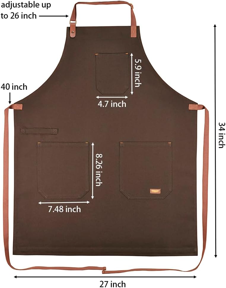 Chef Bib Apron with Pockets Professional Kitchen Cooking Grill BBQ Apron for Men Women, with Pockets Towel Loop and Adjustable Neck Strap (Brown)