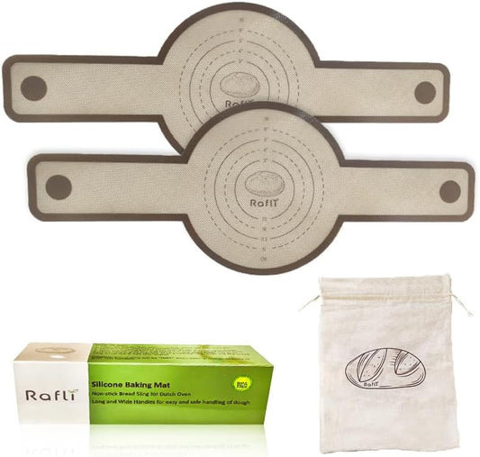 Silicone Bread Sling for Dutch Oven, 2 PC Non-Stick & Easy Clean Reusable Silicone Bread Baking Mat with Long Handles, Easy to Transfer Sourdough Bread + 1 Reusable Bread Bag