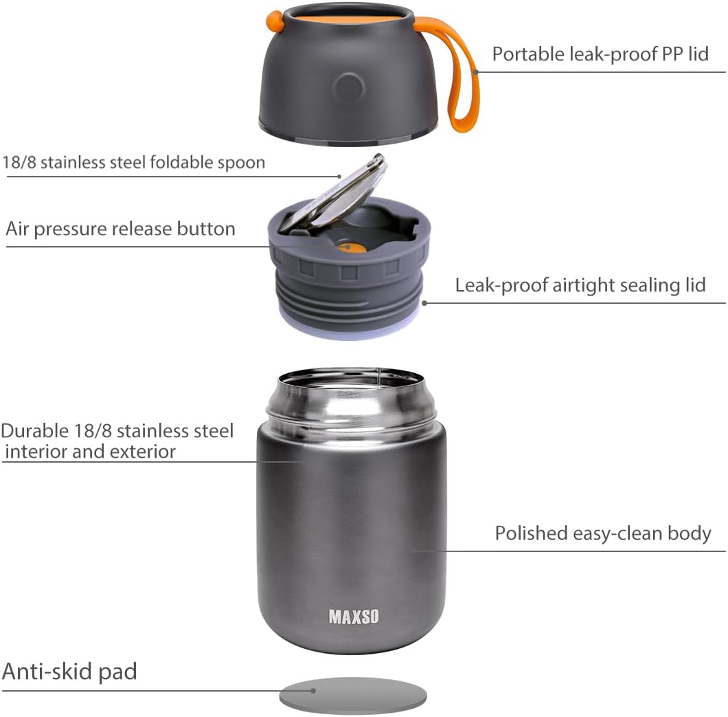 Insulated Thermo Food Jar for Hot & Cold Food for Kids Adult, 17 oz Soup Thermal Hot Food Containers for Lunch, Triple Layer Insulation Stainless Steel Food Jar with Spoon (Grey)