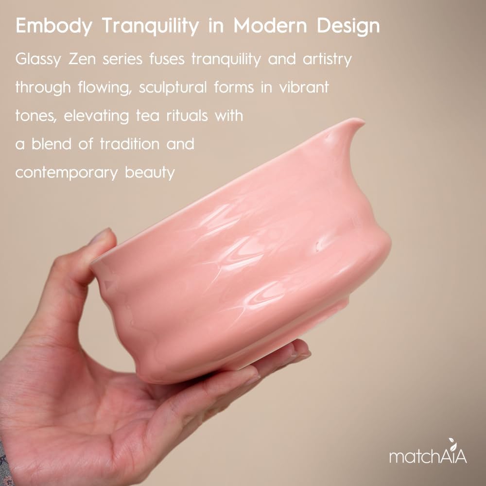 6 Pcs Matcha Set - Ceramic Bowl with Spout, Matcha Whisk with Holder, Tea Powder Canister, Sifter and Spoon, Complete Kit for Traditional Matcha, Modern Lattes, and Tea Ceremonies (Pink)