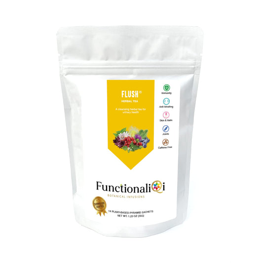 FunctionaliQi Flush Herbal Tea for Urinary Health - Marshmallow Root Milk Thistle Cornsilk and Goldenseal, Hibiscus Blend with Nettles, Cleansing Herbs and Cranberries (14 tea bags)
