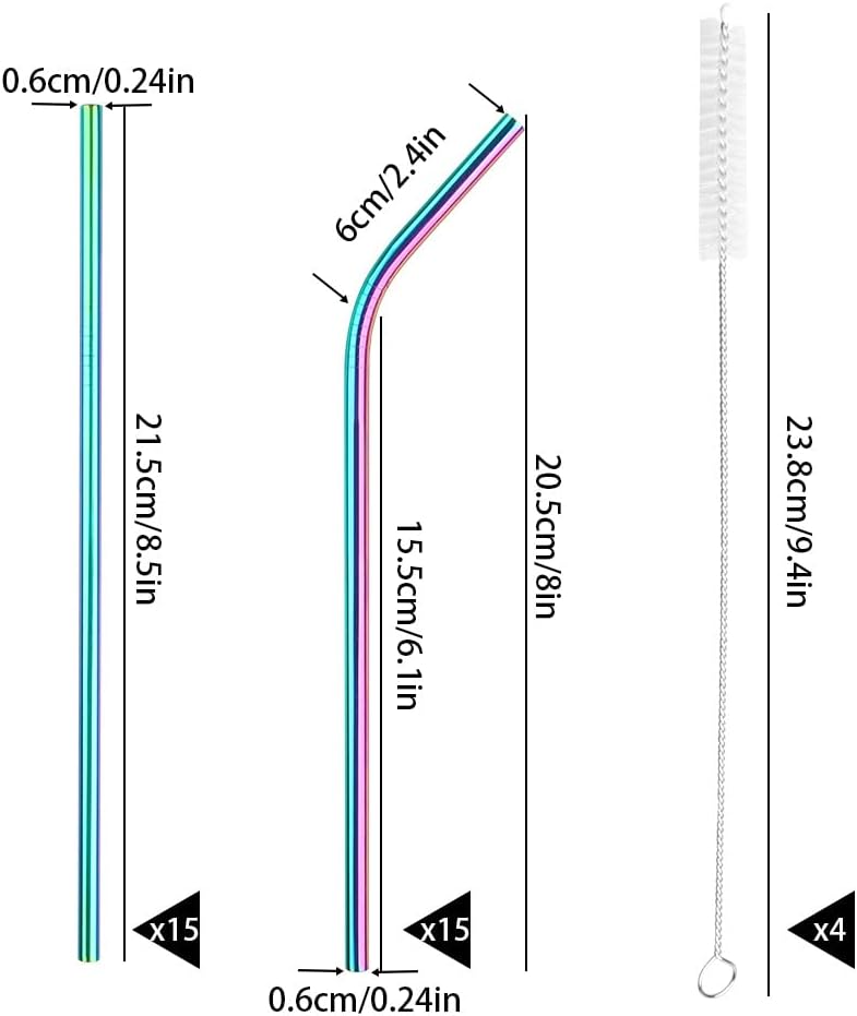[30 PCS] Value Pack Metallic Reusable Stainless Steel Straws Combinations, Tomorotec Home Metal Straw Sets with Cleaning Brushes, 15 Straight 15 Bent For Tumblers Beverage Drinks Cocktail (Colorful)