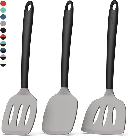 Coukre Silicone Spatula Set of 3, High Heat Resistant, BPA-Free, Kitchen Utensils, Fish Spatula, Solid & Slotted Turner for Non-Stick Pans, Flipping Eggs, Pancakes, Fish, Burgers (3, Gray)