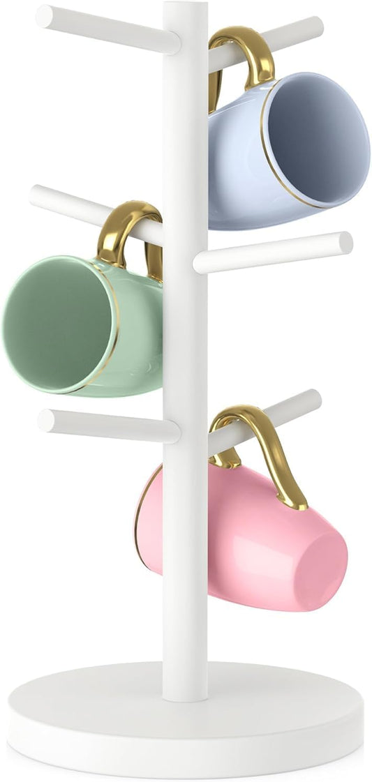 Wisuce Black Coffee Mug Tree Bamboo Mug Holder Coffee Cup Stand Mug Holders for Countertop Coffee Mug Rack Organizer Stand (White)