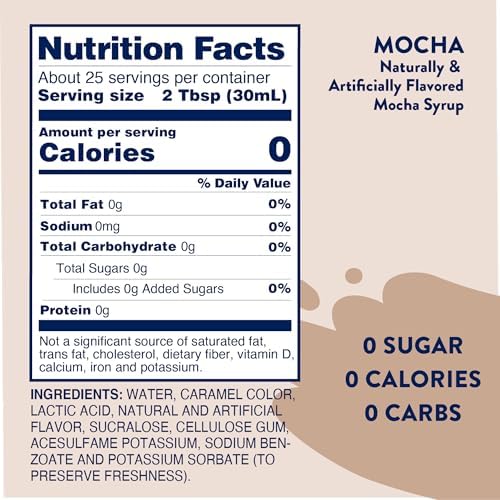 Jordan's Skinny Syrups Sugar Free Coffee Syrup, Mocha Flavor Drink Mix, Zero Calorie Flavoring for Chai Latte, Protein Shake, Food & More, Gluten Free, Keto Friendly, 25.4 Fl Oz, 2 Pack