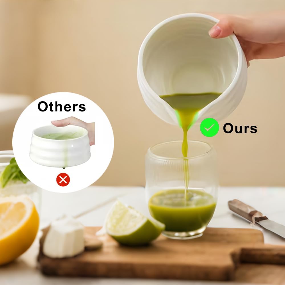 White Matcha Bowl with Spout - Chawan - Ceramic Matcha Bowls - Japanese Traditional Macha Tea Bowl for Mixing - Matcha Cup - Matcha Accessories - More Durable than Glass