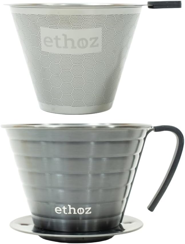Ethoz® Pour Over Coffee Maker – Sustainable Stainless Steel Pour Over with Built-In Reusable Filter, Flat/Convex Bottom for Even Extraction, Eco-Friendly Design, Precision Anywhere Brewing