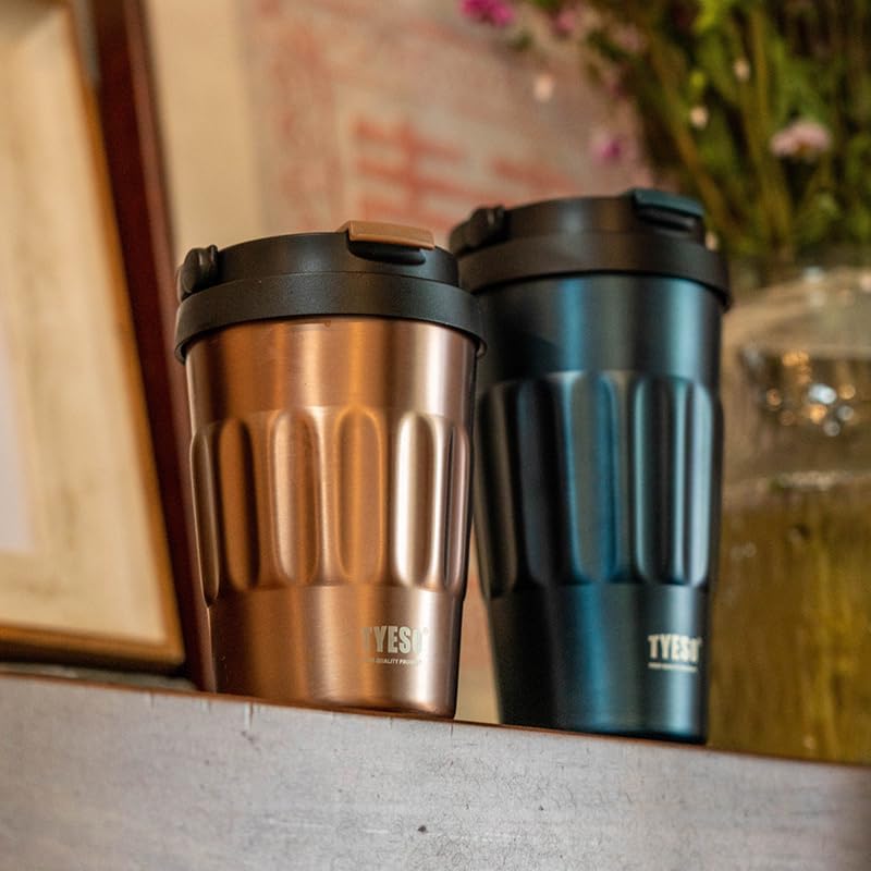 TYESO Stainless Steel Portable Tumbler with Flip Lid,Travel Mug with Concealed Carry Handle, Leakproof Insulated Coffee Cup (BLUE, 13 OZ)