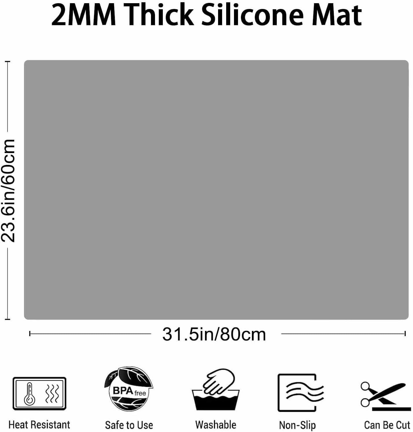 2MM Thick Silicone Countertop Mat, 31.5"x 23.6" Silicone Mats for Kitchen Counter, Nonslip Heat Resistant Mat, Large Kitchen Counter Mats, Waterproof Countertop Protector, Light Gray