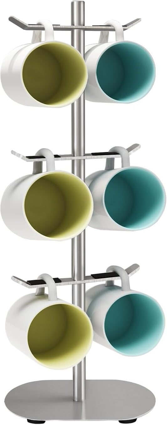 Mug Holder Tree, Coffee Cup Holder with 6 Hooks, Coffee Mug Rack, Metal Mug Tree for Counter, Mug Holder Stand Coffee Mug Hanger(Brushed Nickel)