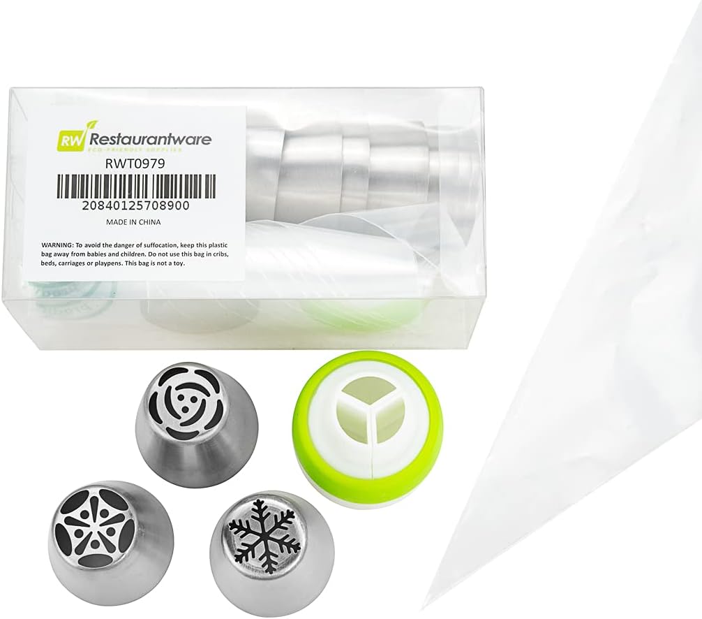 Restaurantware Pastry Tek Russian Piping Tips Set 21 Piece Durable Cake Decorating Kit - 10 Piping Tips 10 Piping Bags Stainless Steel Piping Bags And Tips Set 1 Tri-Color Coupler