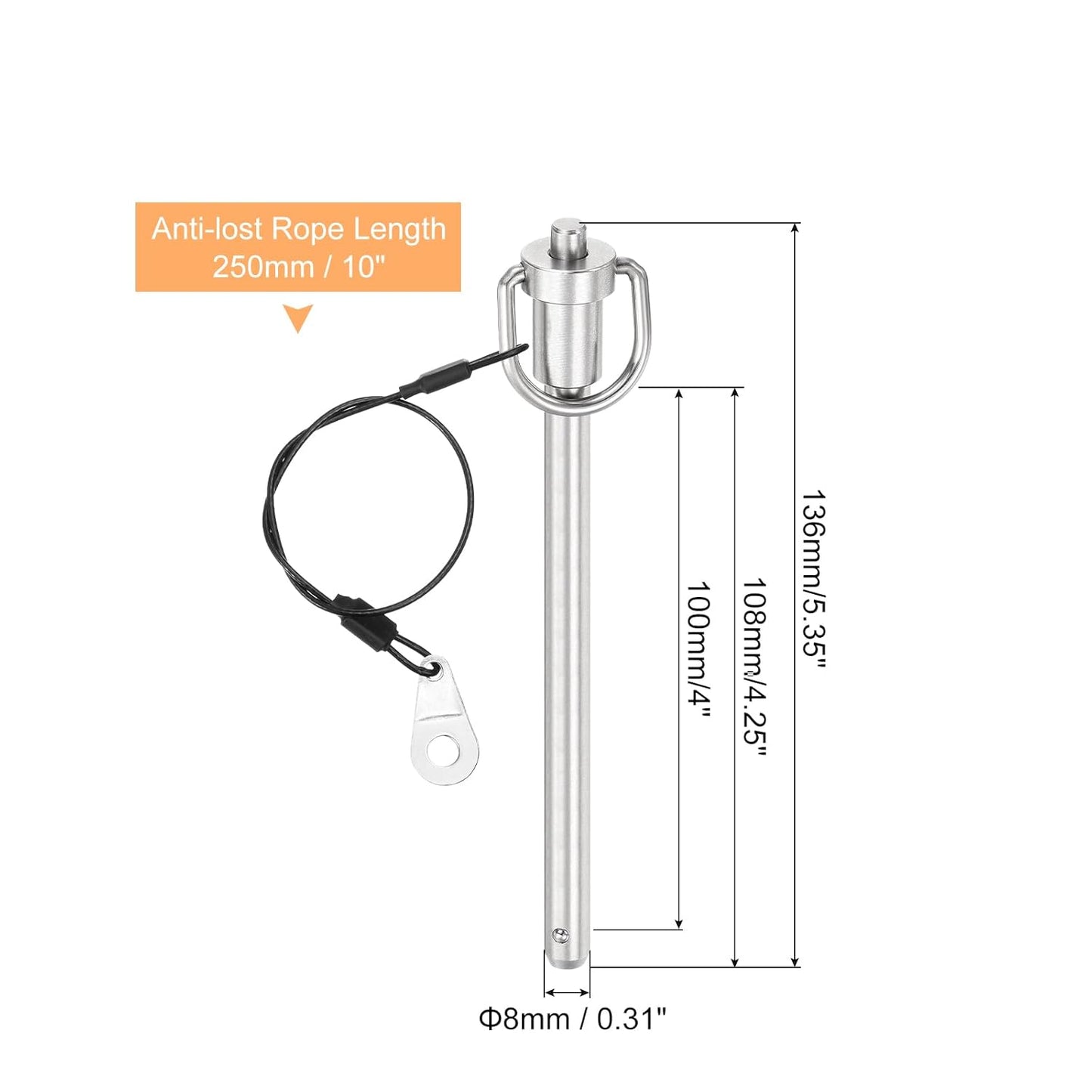 uxcell 1 Pcs Quick Release Pin, 5/16" x 4"(Dia. x L) Push-Button Ball Locking Pin 304 Stainless Steel Ring Handle Locking Pin with Wire for Audio Bimini Top Marine, Silver