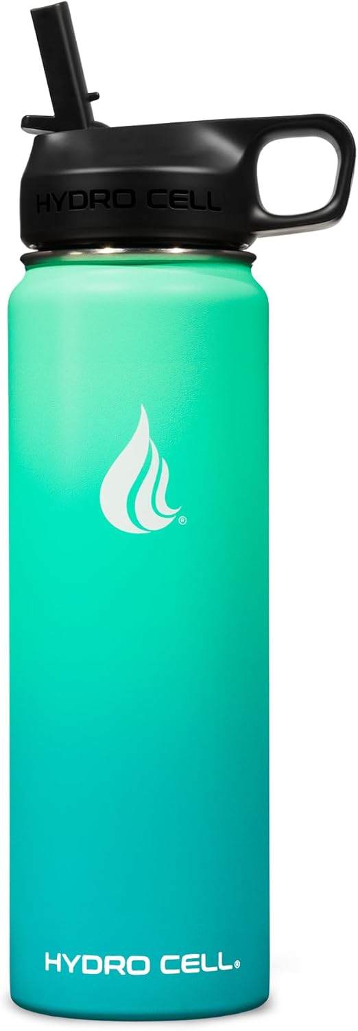 HYDRO CELL Stainless Steel Insulated Water Bottle with Straw - For Cold & Hot Drinks - Metal Vacuum Flask with Screw Cap and Modern Leakproof Sport Thermos for Adults (Mint/Green 24oz)