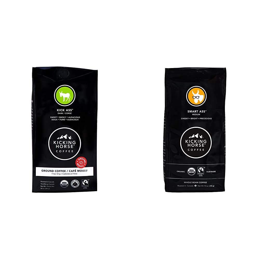Kicking Horse Coffee Kick Ass Dark Roast Ground (10 Oz) and Smart Ass Medium Roast Whole Bean (10 oz) Bundle