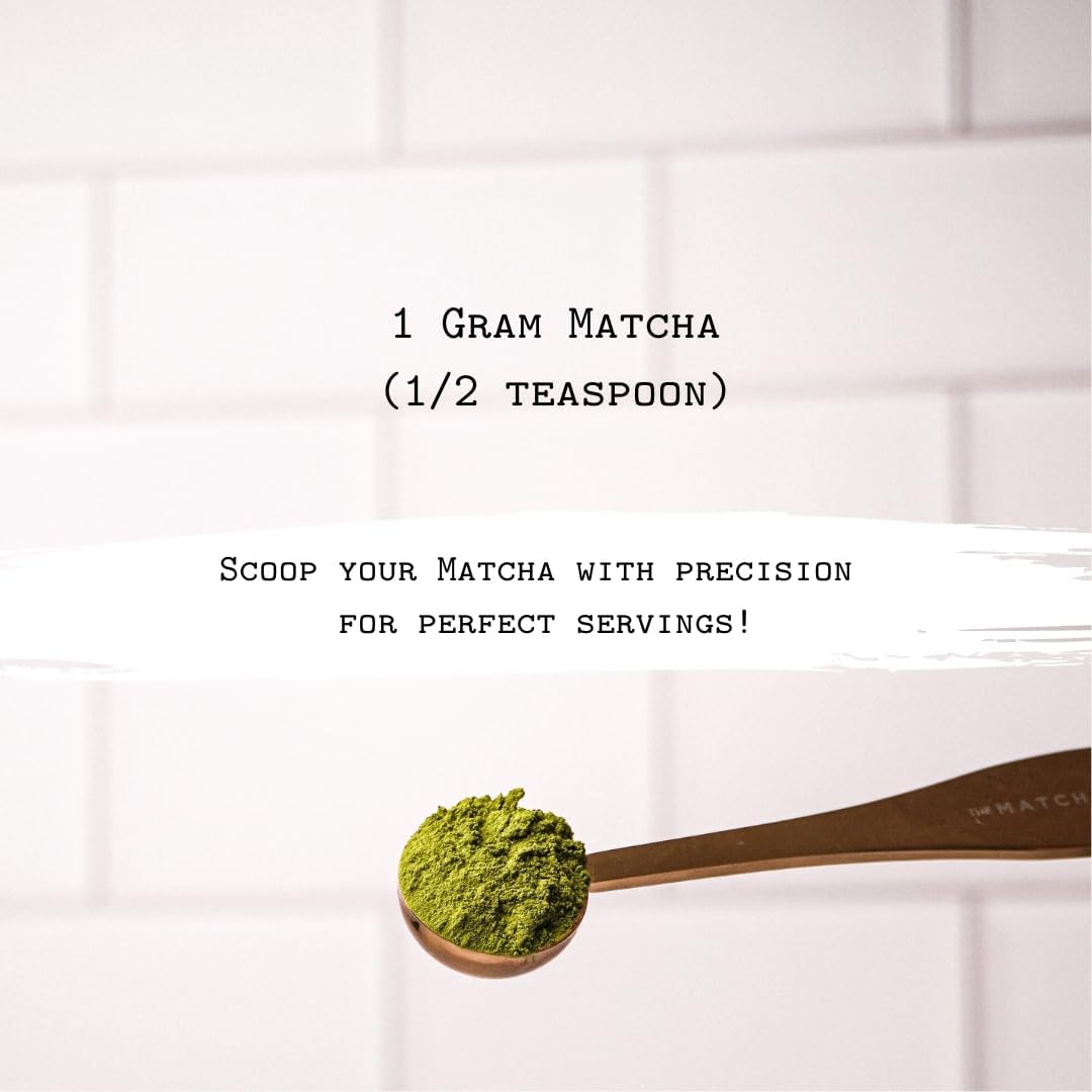 Golden Stainless Steel 1 gram Matcha Measuring Spoon (1/2 teaspoon). Scoop your Matcha with Precision for Perfect Servings while upgrading your Matcha station within your kitchen inventory!