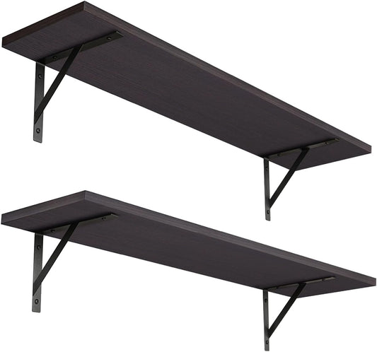 DINZI LVJ Long Wall Shelves, 23.6 Inch Wall Mounted Shelves Set of 2, Easy-to-Install, Storage Ledges with Sturdy Metal Brackets for Living Room, Bathroom, Bedroom, Kitchen, Espresso