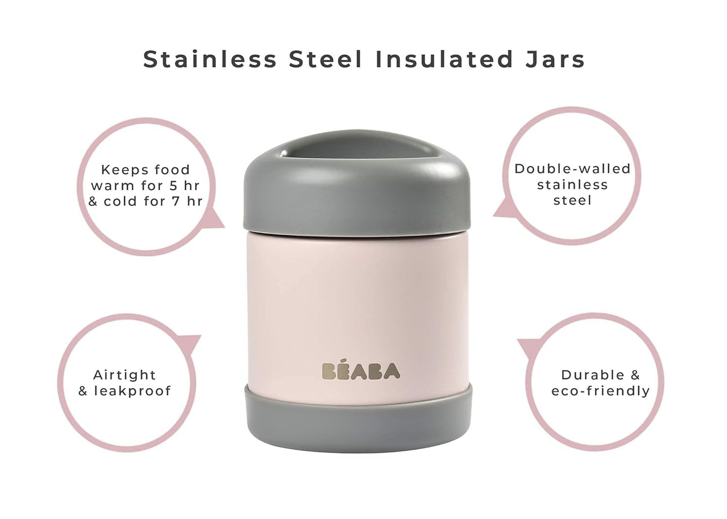 Beaba Stainless Steel Insulated Food Jar 10 oz, Kids Thermos, Lunch Containers, Leakproof, Wide Opening, Suitable for Hot and Cold Foods (Sage)