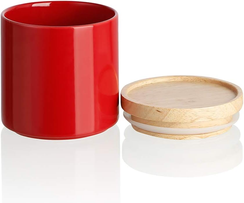 Sweejar Kitchen Canisters Ceramic Food Storage Jar, Stackable Containers with Airtight Seal Wooden Lid for Serving Ground Coffee, Tea, Sugar, Salt and More - 16 Fl Oz (Red)