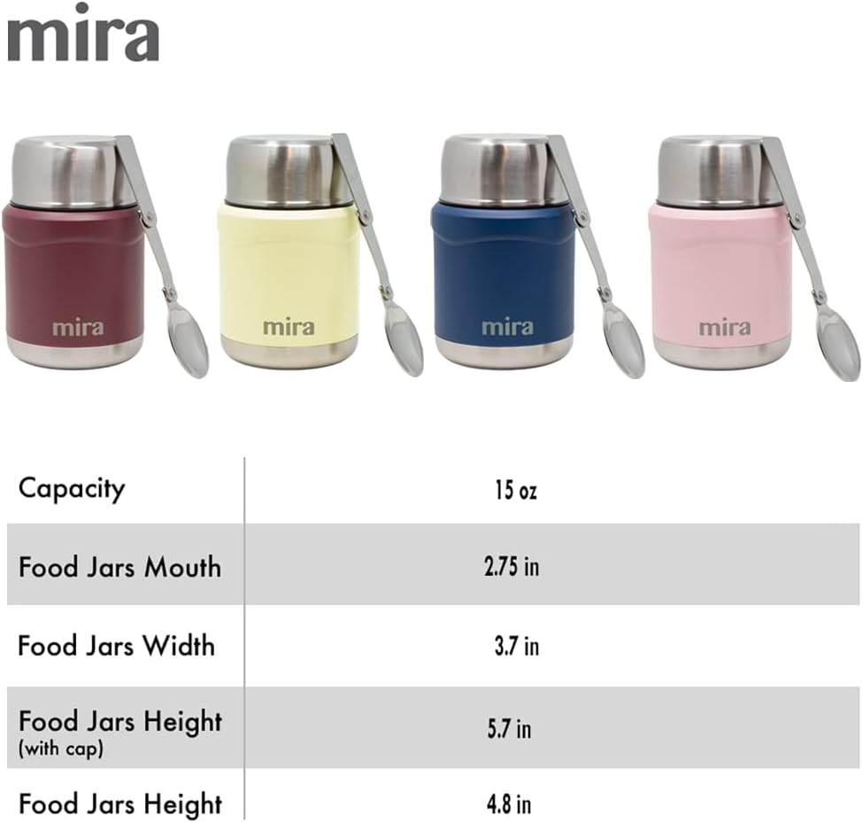 MIRA 15 oz Insulated Food Thermos for hot and cold foods - Leak-Proof Stainless Steel Container with Spoon - Pearl Blue