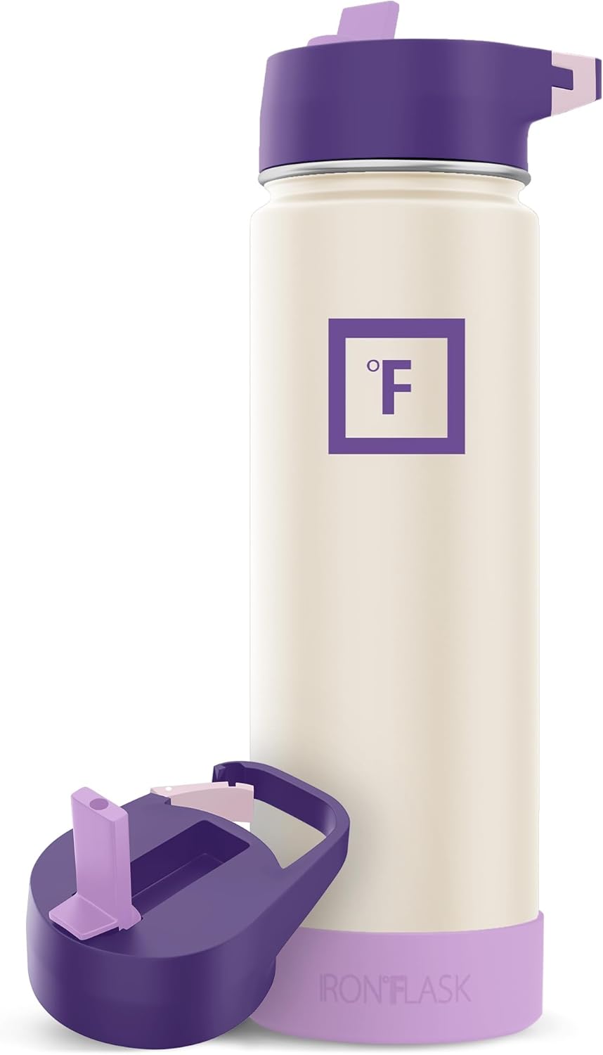 IRON °FLASK Camping & Hiking Hydration Flask with Straw Lid & Boot - Stainless Steel, Double Walled & Vacuum Insulated Water Bottle - Leak Proof & BPA Free (Cream & Berries, Straw - 22 oz)