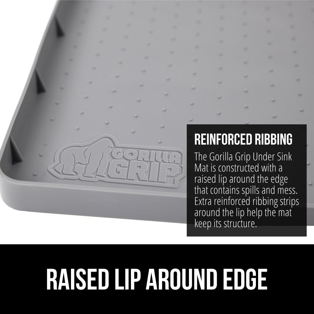 GORILLA GRIP Waterproof Silicone Under Sink Mat with Raised Lip for Kitchen and Bathroom, Cabinet Shelf Liner Stay in Place Mats Dishwasher Safe Drawer Liner, Organizer Tray, 15 x 22 in, Gray