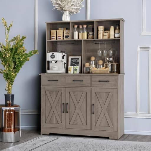 HOSTACK Buffet Cabinet with Hutch, Modern Farmhouse Kitchen Buffet Sideboard Storage with 3 Drawers, Barn Door Coffee Bar Station, Liquor Cabinet for Dining Room, Living Room, Ash Grey