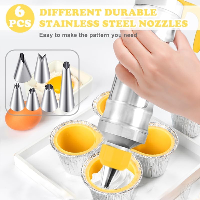 JAYVAR Dessert Decorating Syringe Set, Cake Decorating Kit, Stainless Steels Frosting Piping Kit for Cupcake Decoration with 6 Piping Nozzles, Cake Decorating Gun for Frosting Cream to Make Cupcakes