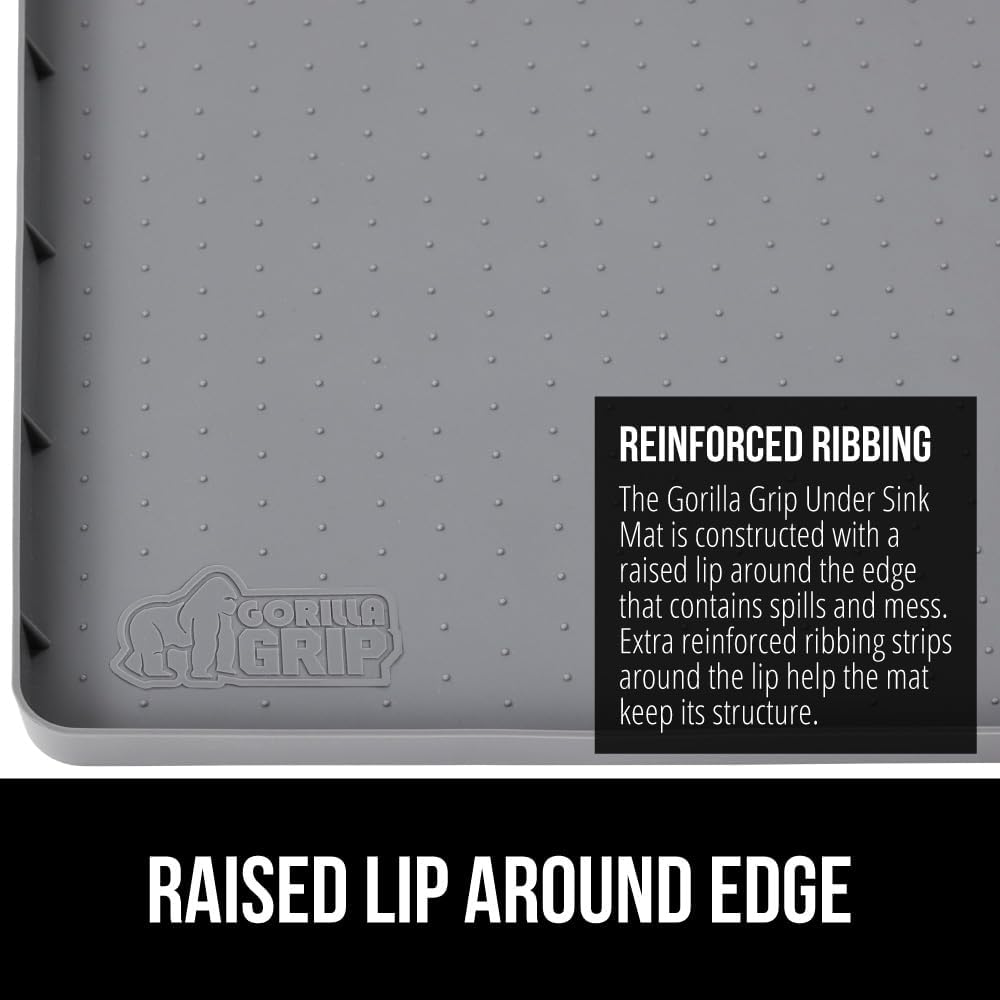 GORILLA GRIP Waterproof Silicone Under Sink Mat with Raised Lip for Kitchen and Bathroom, Cabinet Shelf Liner Stay in Place Mats Dishwasher Safe Drawer Liner, Organizer Tray, 19 x 34 in, Gray