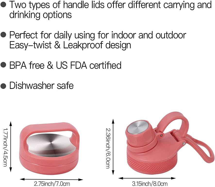 IDEUS Insulated Stainless Steel Water Bottle with 2 Leak-Proof Lids, Thermal Water Flask for Hiking Biking, 32oz, Red