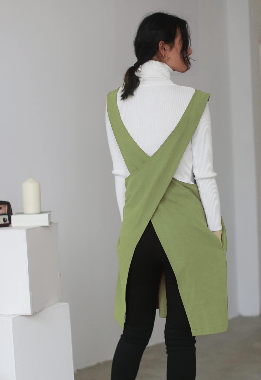 Cotton Linen Japanese Apron Halter Cross Back Bandage X Shape Aprons Two Pockets