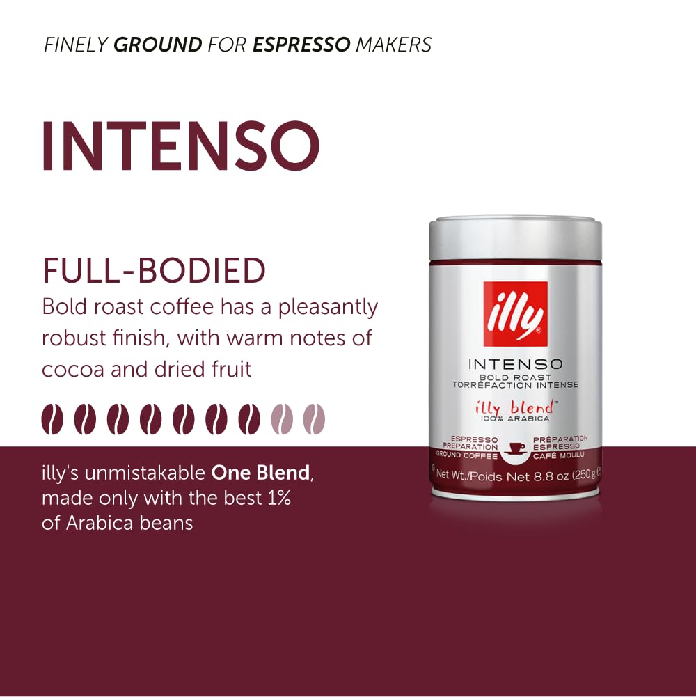 illy Ground Coffee Espresso - 100% Arabica Coffee Ground – Intenso Dark Roast – Warm Notes of Cocoa & Dried Fruit - Rich Aromatic Profile - Precise Roast - No Preservatives – 8.8 Ounce, 6 Pack