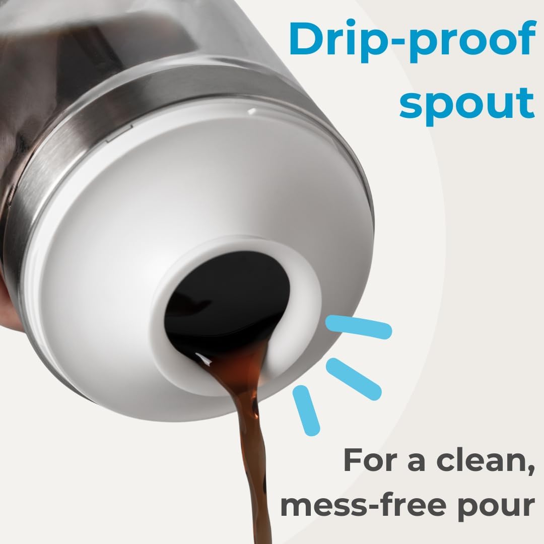 Cold Brew Coffee Maker Set (Brewer & Carafe), Up to 12 Servings of Concentrate, Reusable Stainless Steel Dual Filter, Durable Borosilicate Glass & Spill-Proof Pouring Spout, 16.9 fl oz / 500ml