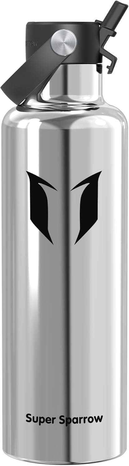 Super Sparrow Insulated Water Bottle - 17 Oz / 25 Oz / 32 Oz - Standard Mouth FlipFlow Flask - BPA Free, Leak Proof Drink Bottle- Ergonomic Straw Water Bottles for Work, Gym, Travel, Sports
