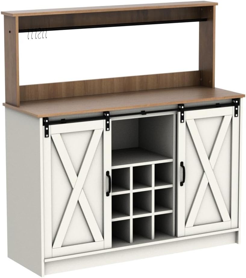 4ever2buy Farmhouse Coffee Bar Cabinet with 6 Hooks, 47'' Kitchen Coffee Bar with Hutch and 9 Wine Racks, White Sideboard Buffet with Sliding Barn Door for Dining Living Room