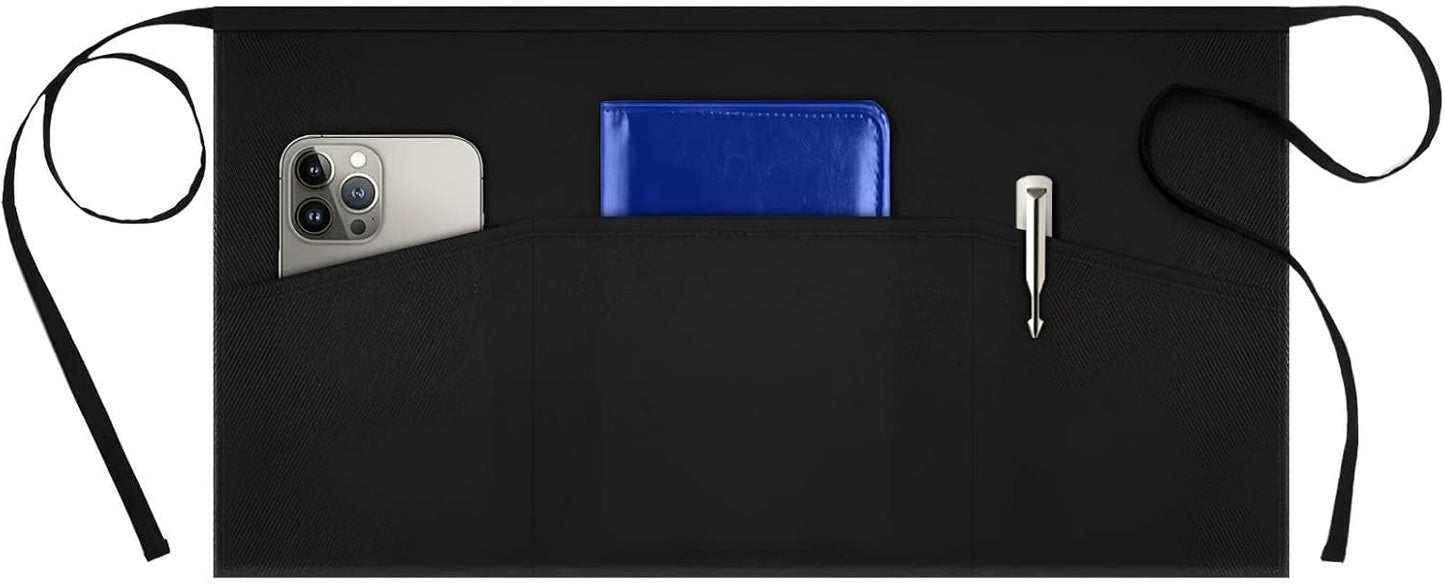 Syntus 1 Pack Server Aprons with 3 Pockets, Waterdrop Resistant Waitress Waiter Waist Apron, 11.5-inch Black