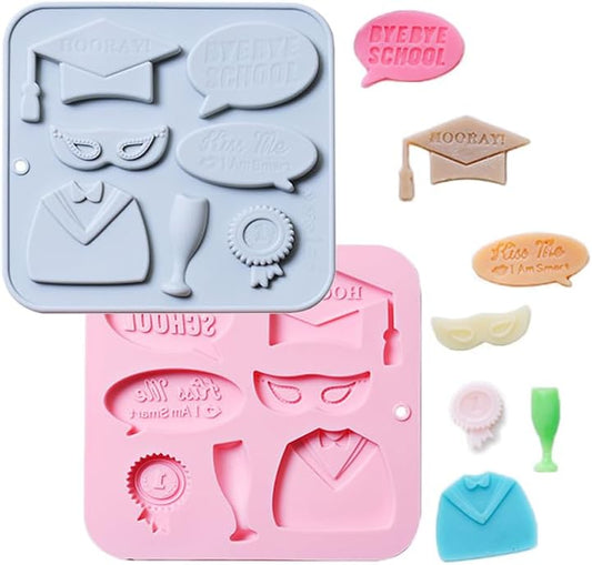 Graduation Chocolate Mold Set - Silicone Baking Molds with Cap, Gown, Champagne Flute & Diploma Phrases, Reusable Food-Grade for Commencement Cakes, Cupcakes & Party Treats - 2 Pack